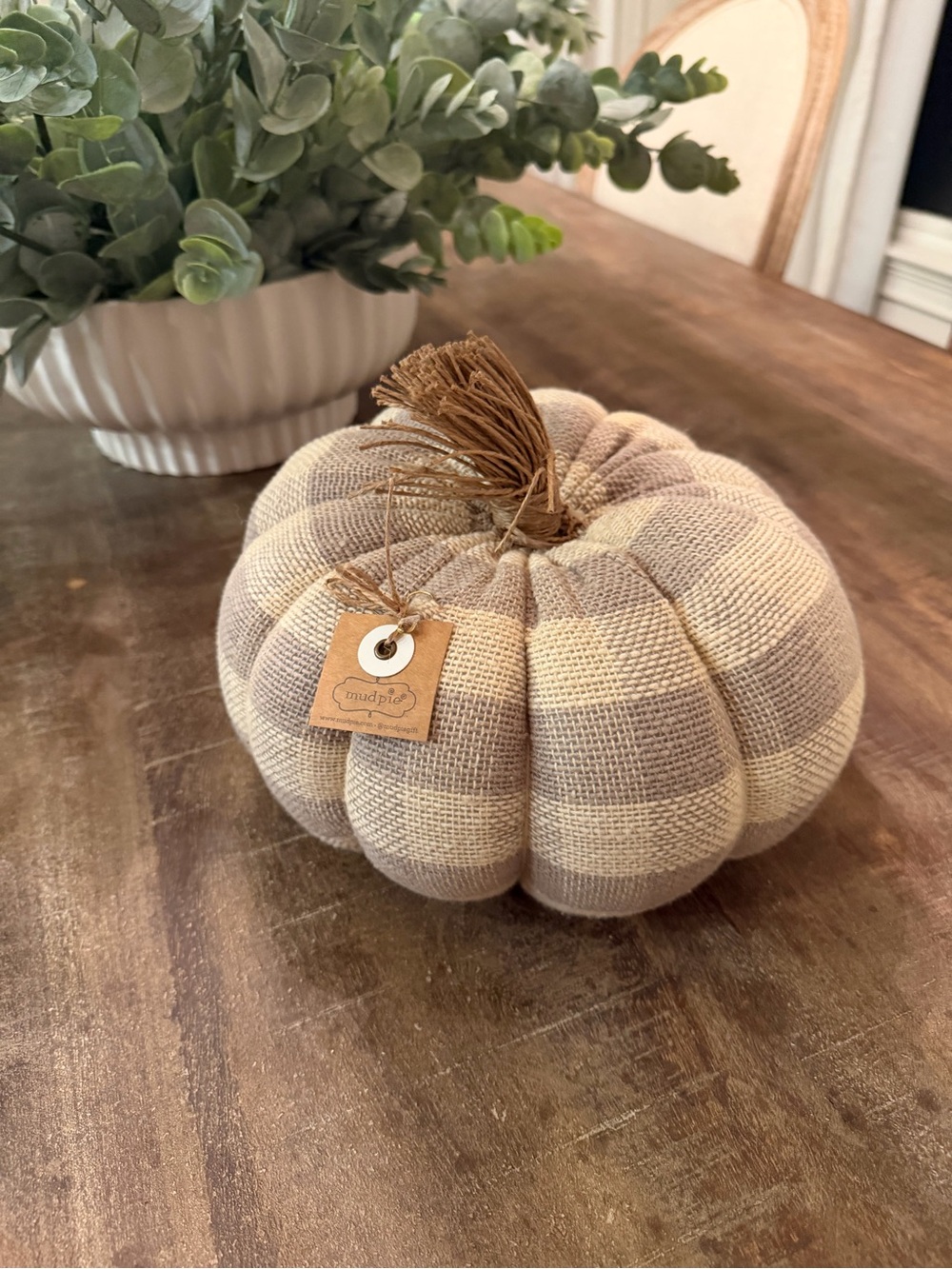 NWT Mud Pie stuffed taupe striped pumpkin